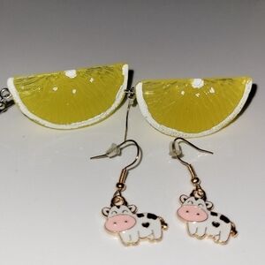 Yellow Lemon and Cow Earrings Set